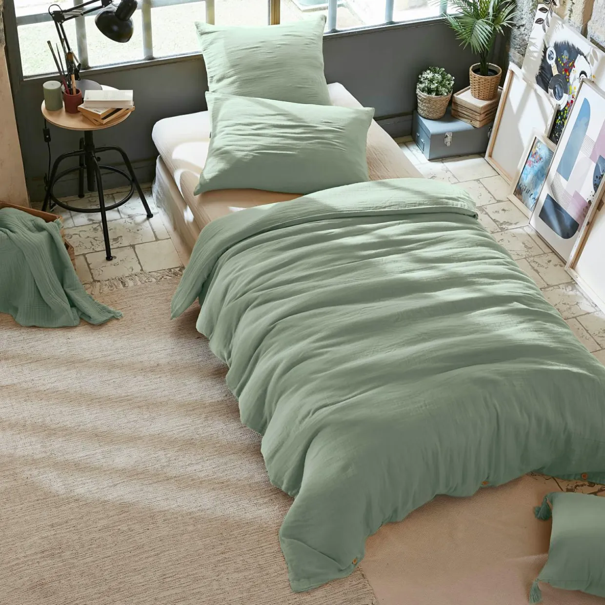 Housse de couette gaze de coton (140 x 200 cm) Gaïa Vert eucalyptus