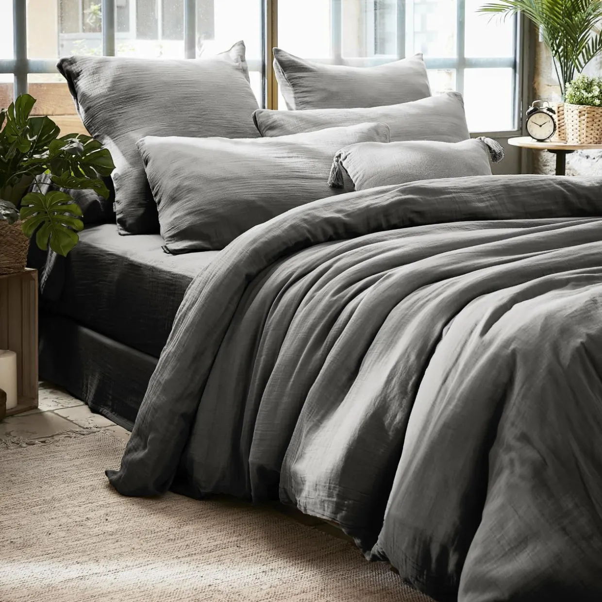 Housse de couette gaze de coton (260 x 240 cm) Gaïa Gris granit