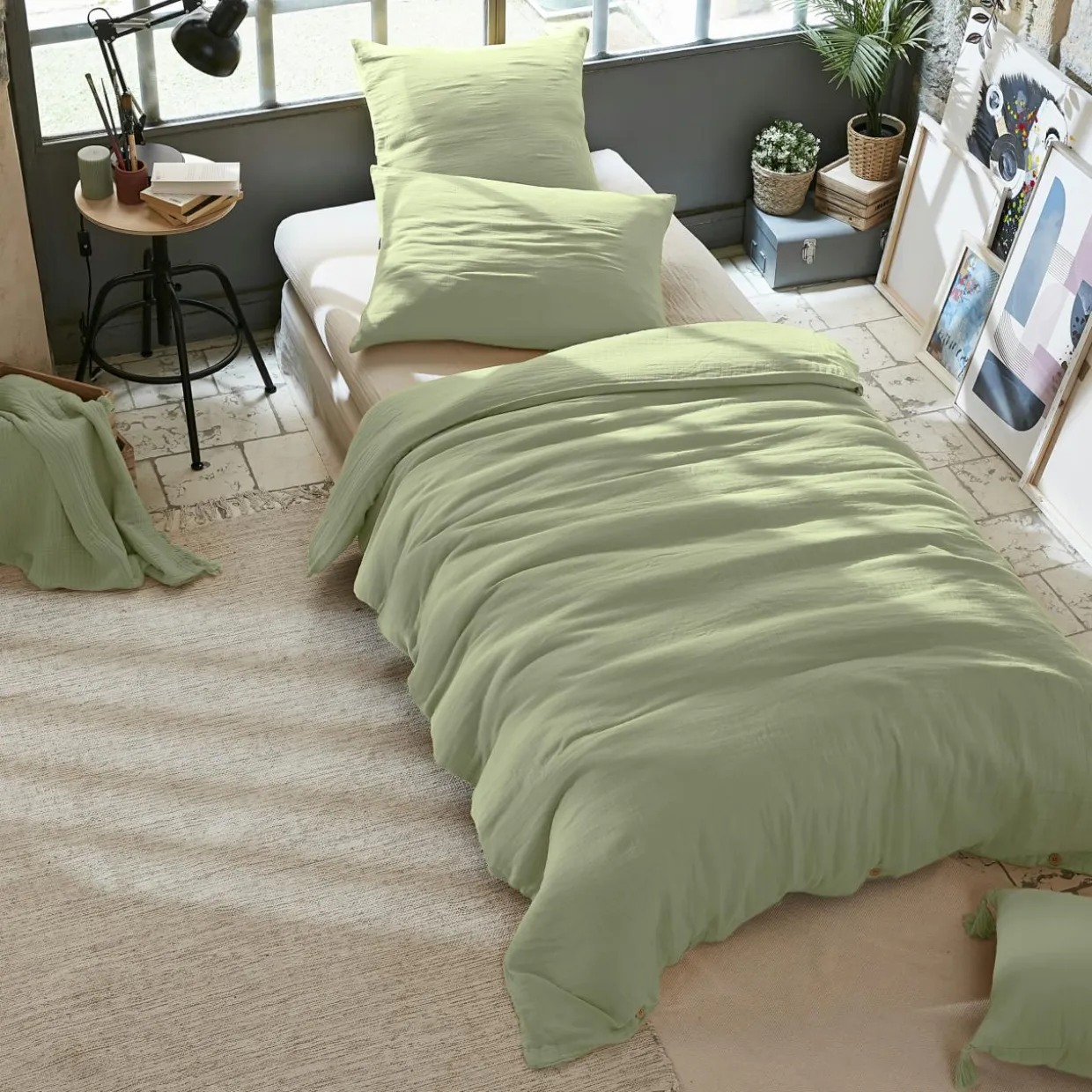Housse de couette gaze de coton (140 x 200 cm) Gaïa Vert tilleul