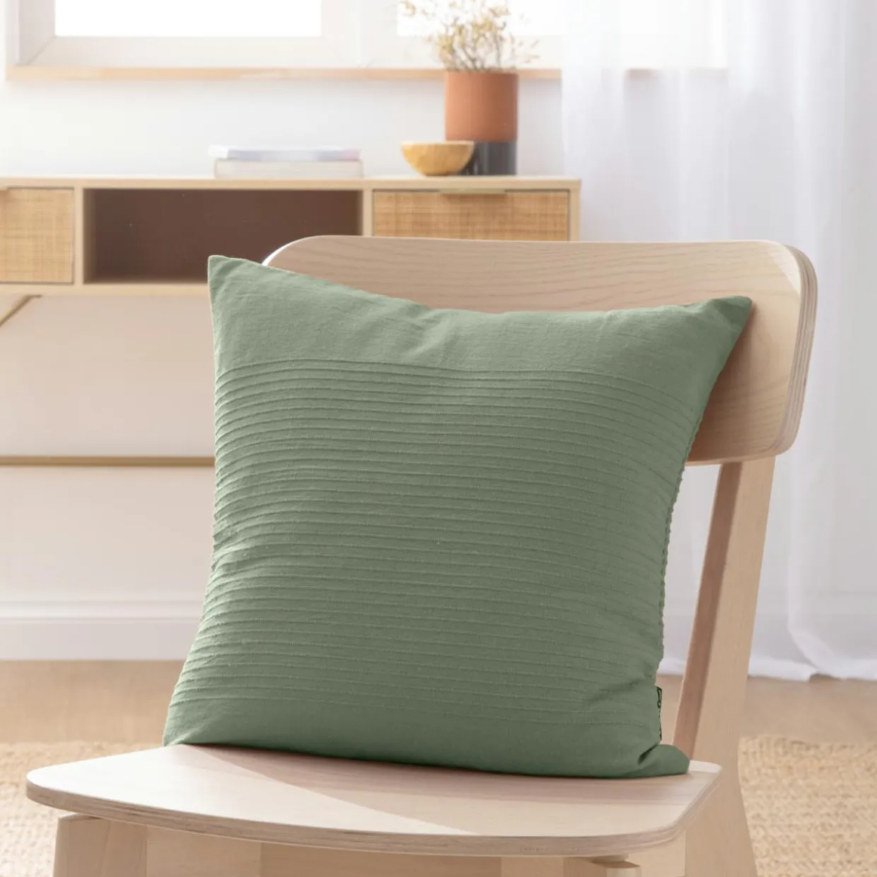 Housse de coussin carrée coton tissé (40 x 40 cm) Léa Vert romarin