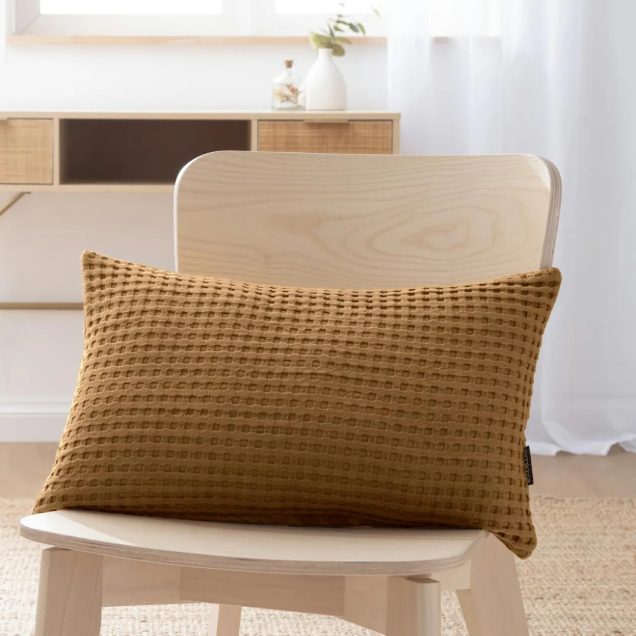 Housse de coussin rectangulaire coton nid d'abeille (30 x 50 cm) Maya Camel