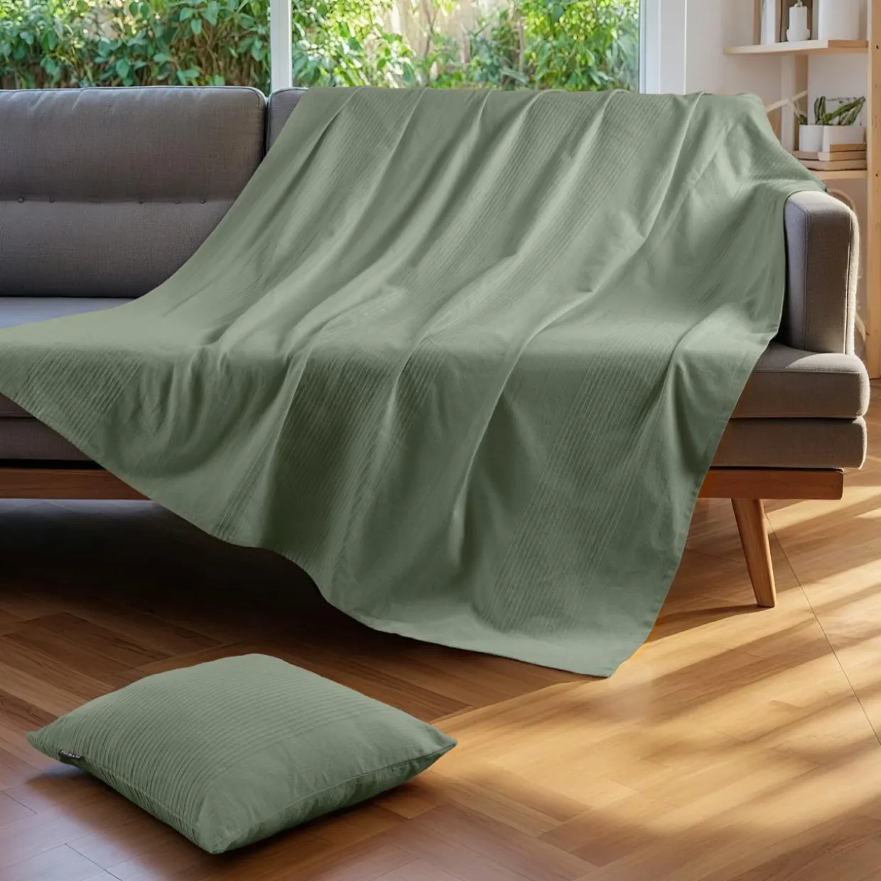 Jeté de lit coton tissé (130 x 160 cm) Léa Vert romarin