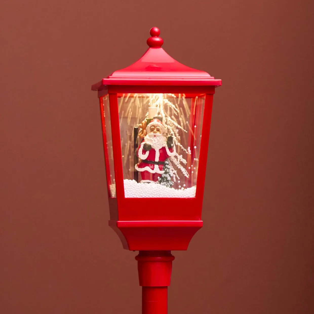 Lampadaire de Noël illuminé, musical et animé 10 LED (H135 cm) Neige tombante Rouge