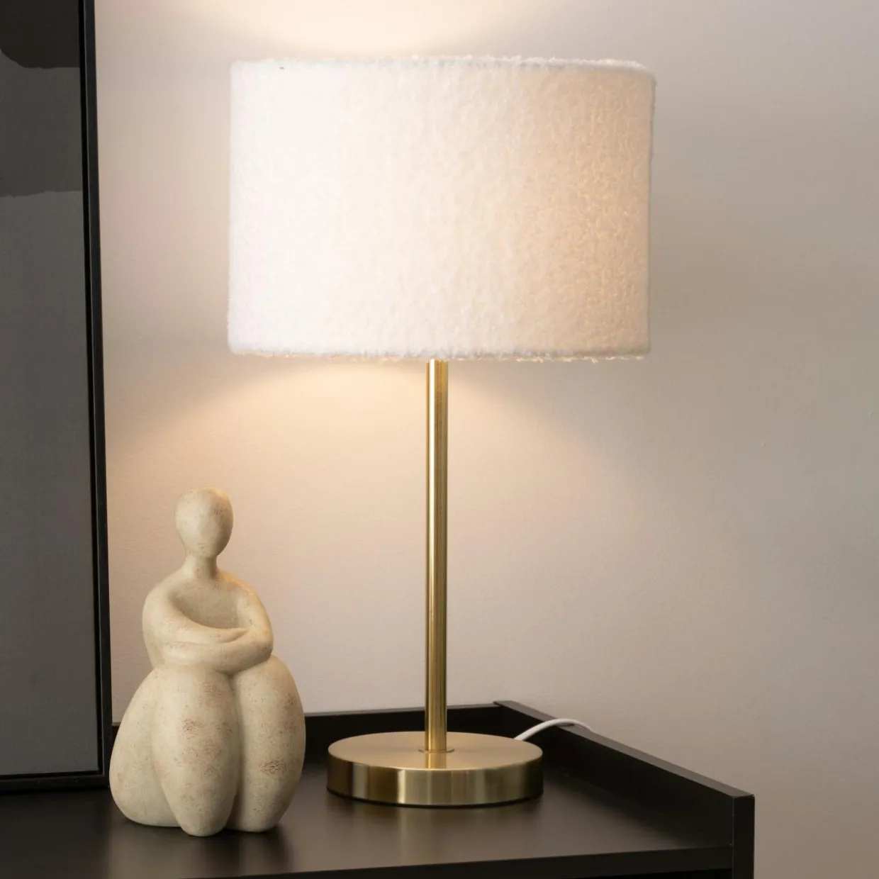 Lampe à poser bouclette et métal (H49 cm) Tina Blanc et or