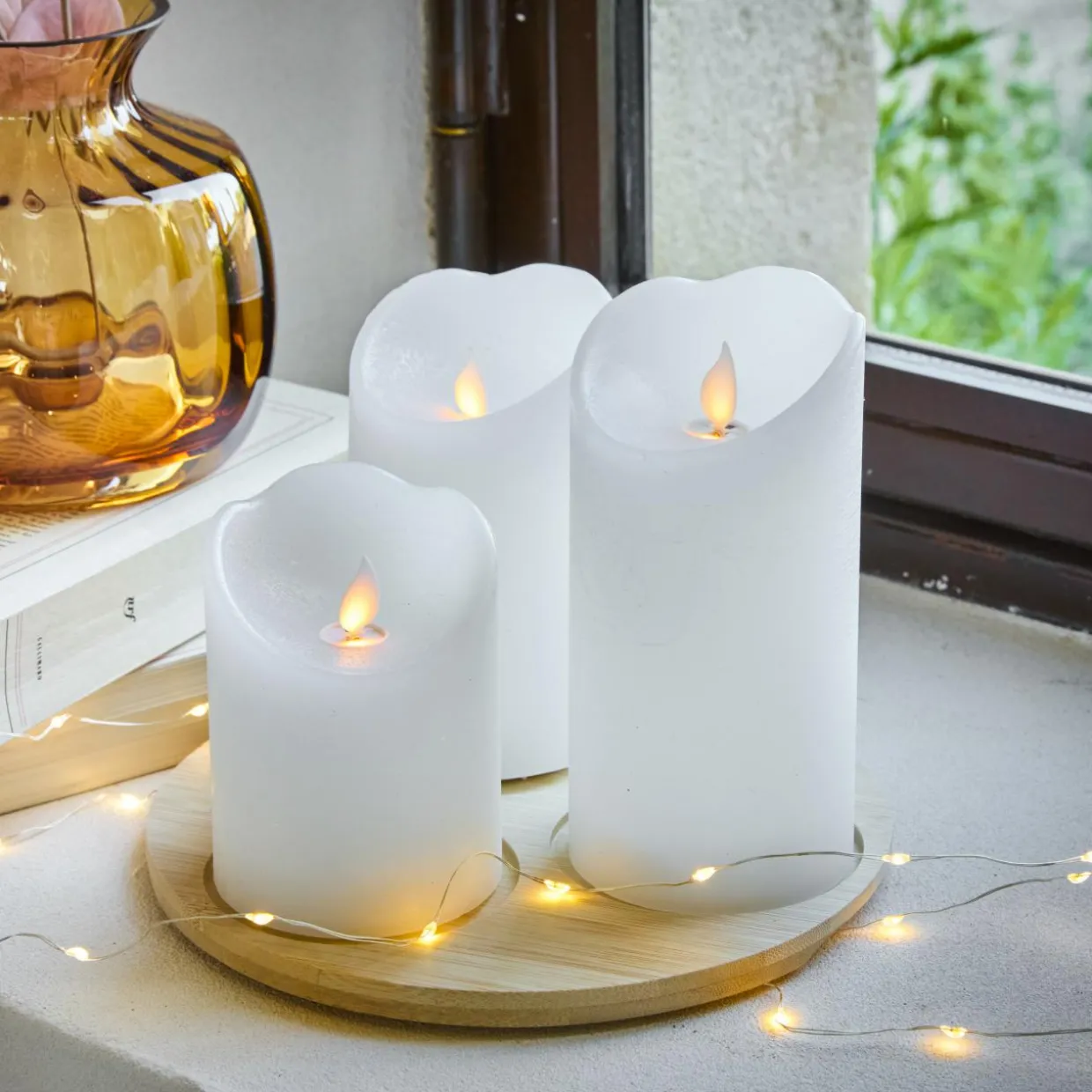 Lot de 3 bougies LED vacillantes (D7,5 cm) Cire naturelle Blanc