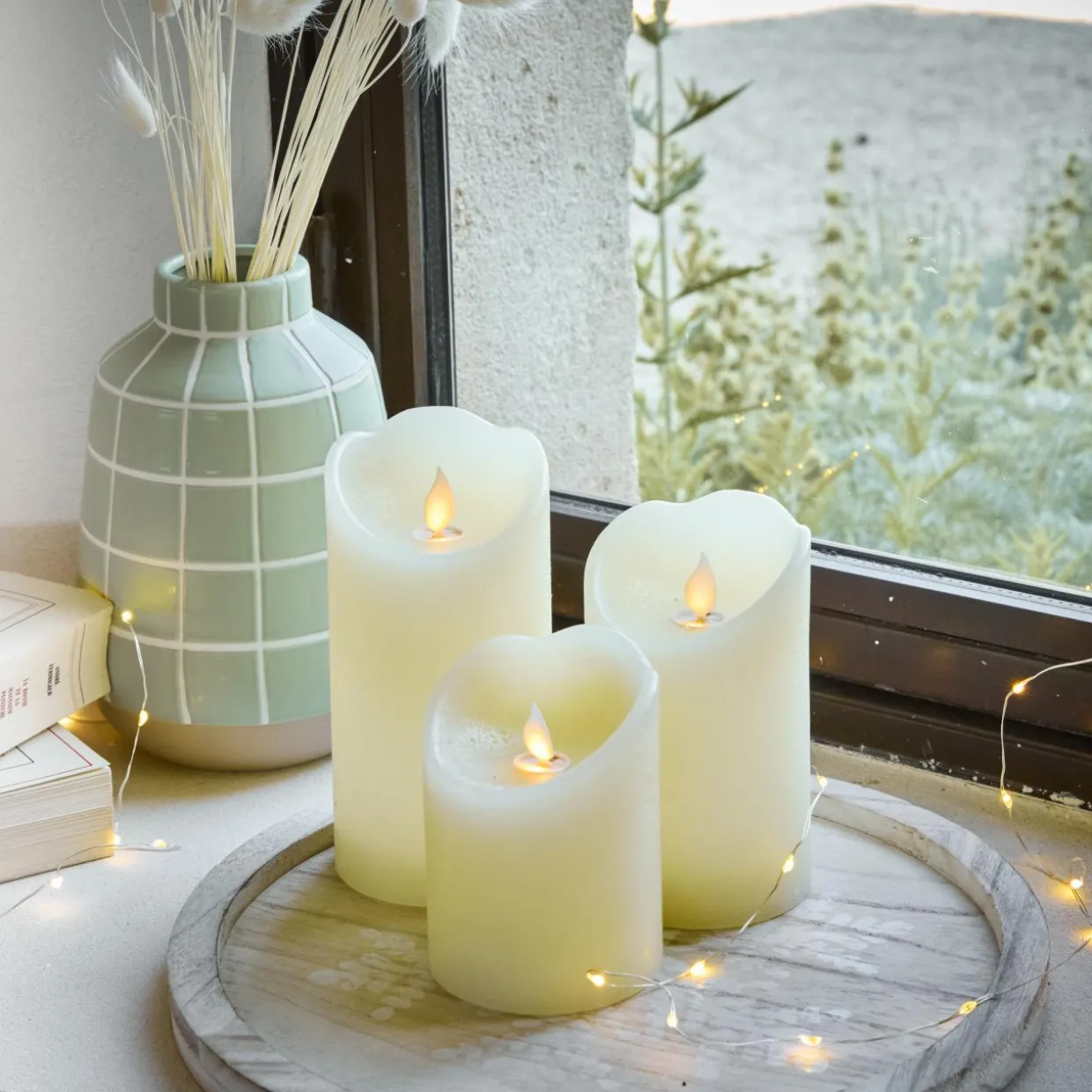 Lot de 3 bougies LED vacillantes (D7,5 cm) Cire naturelle Crème