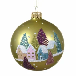 Lot de 6 boules de Noël (D80 mm) en verre Maisons enneigées Pistache