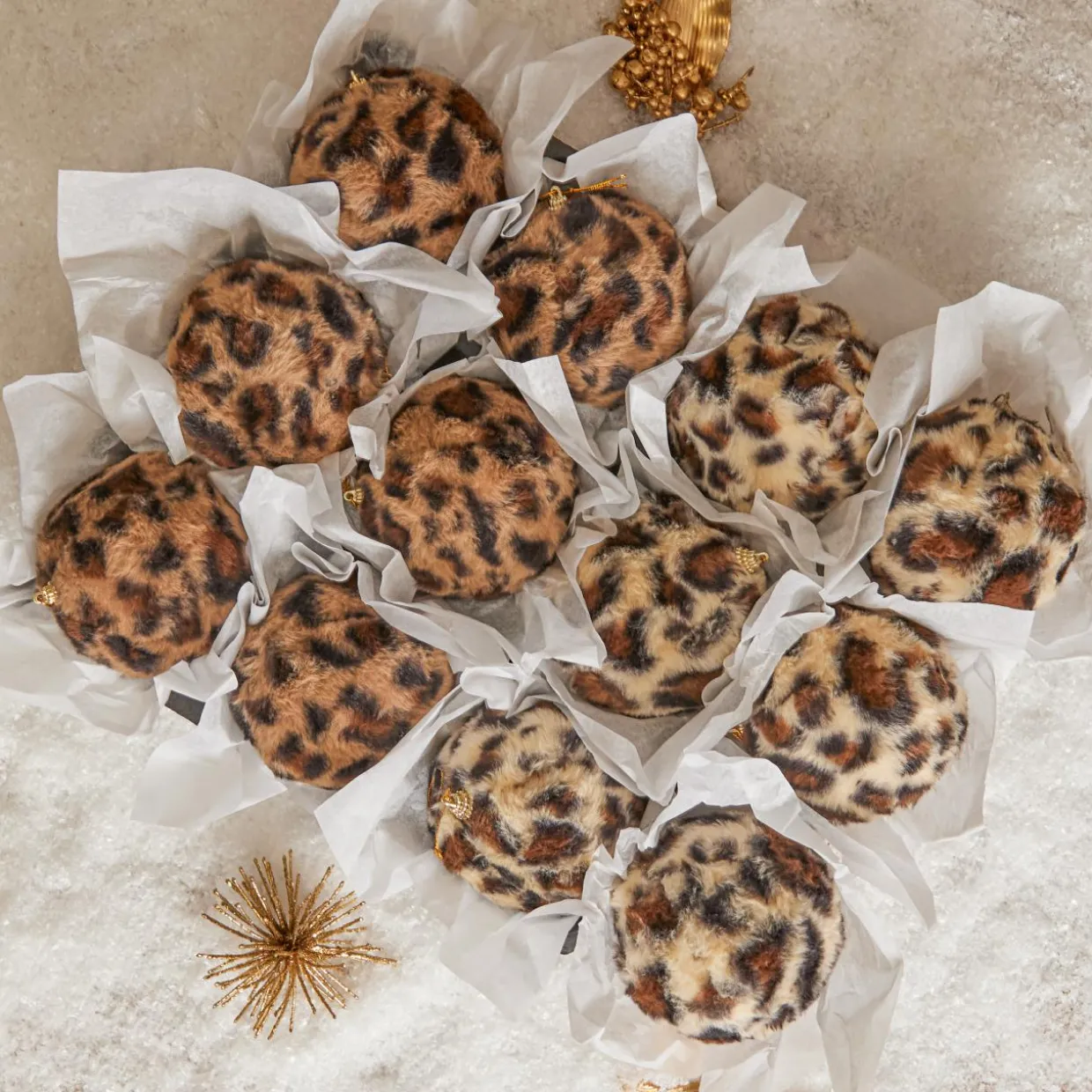 Lot de 12 boules de Noël (D80 mm) Léopard Beige et marron