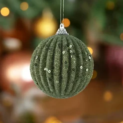 Lot de 12 boules de Noël (D80 mm) Strass pailletés Vert romarin