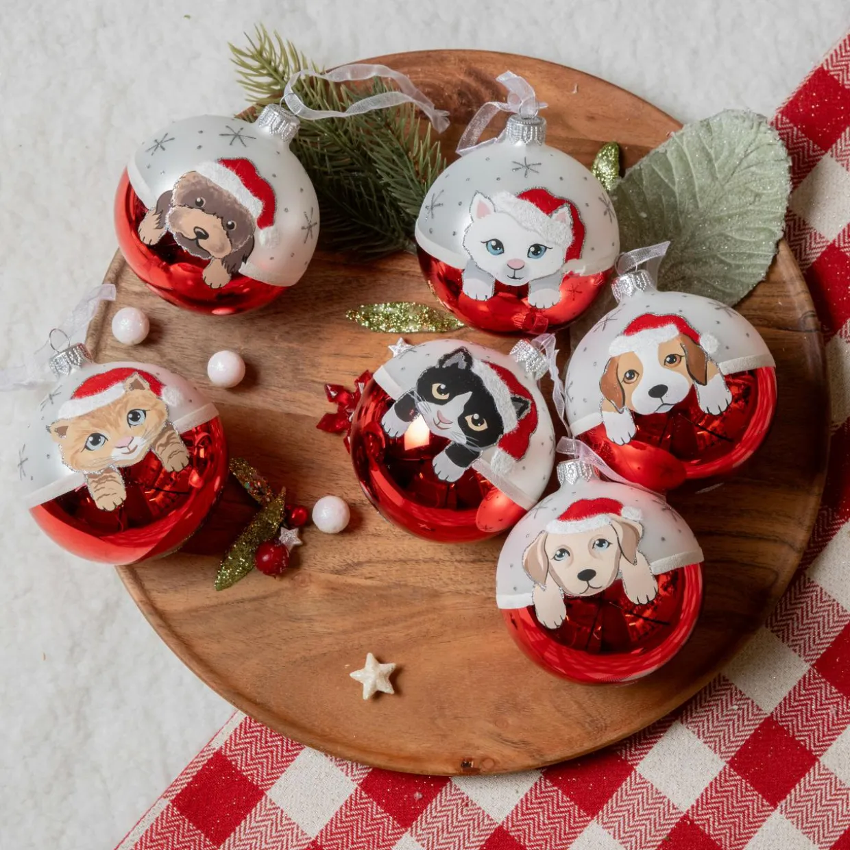 Lot de 6 boules de Noël en verre (D80 mm) Chiens et Chats