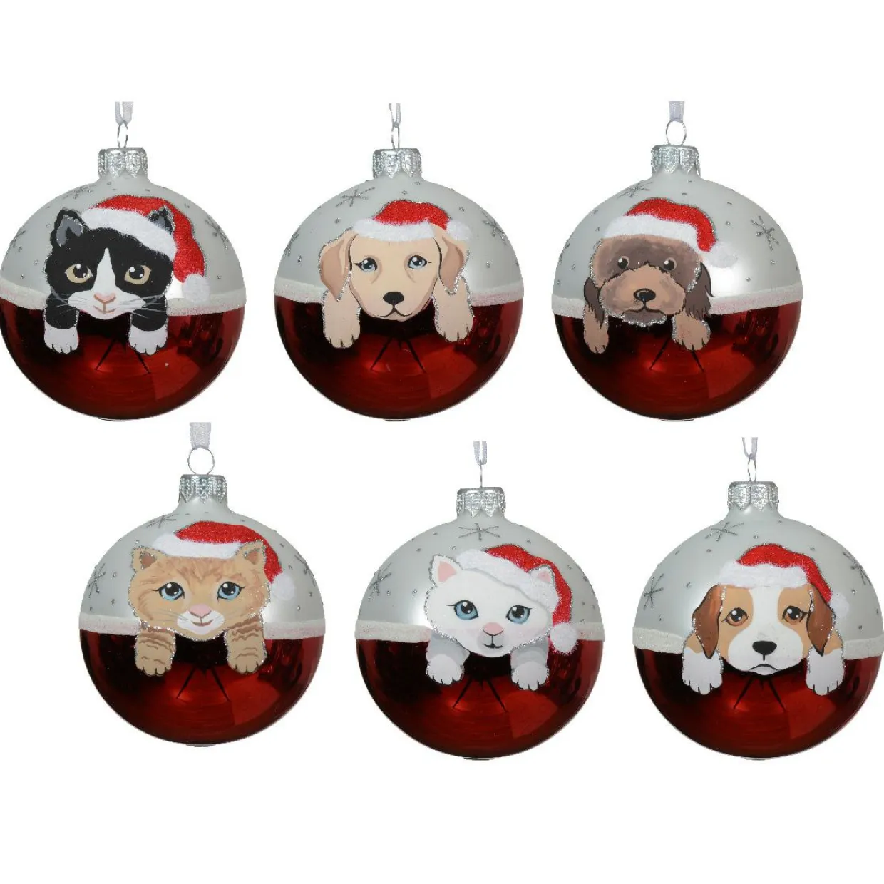 Lot de 6 boules de Noël en verre (D80 mm) Chiens et Chats