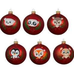Lot de 6 boules de Noël en verre (D80 mm) Animaux Yeux de biche