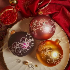 Lot de 6 boules de Noël en verre (D80 mm) Bucolique Or, figue et rose
