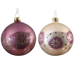 Lot de 6 boules de Noël en verre (D80 mm) Médaillon de neige Rose et perle