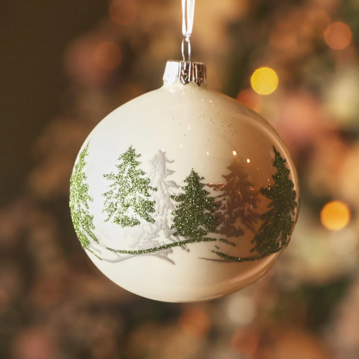 Lot de 6 boules de Noël en verre (D80 mm) Forêt sapin Blanc