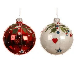 Lot de 6 boules de Noël en verre (D80 mm) Noël d'Antan Rouge et blanc