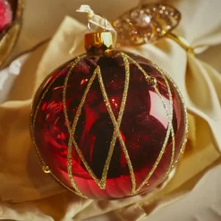 Lot de 6 boules de Noël en verre (D80 mm) Prestige Bordeaux pailleté or