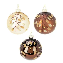 Lot de 12 boules de Noël en verre (D80 mm) Feuilles d'or Marron