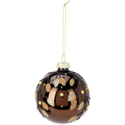 Lot de 12 boules de Noël en verre (D80 mm) Feuilles d'or Marron