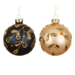 Lot de 12 boules de Noël en verre (D80 mm) Feuilles d'Or, bleu nuit et perle