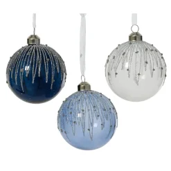 Lot de 12 boules de Noël en verre (D80 mm) Perles d'hiver Bleu