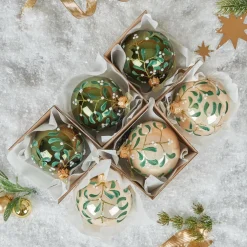 Lot de 6 boules de Noël en verre (D80 mm) Fleurs de gui Vert