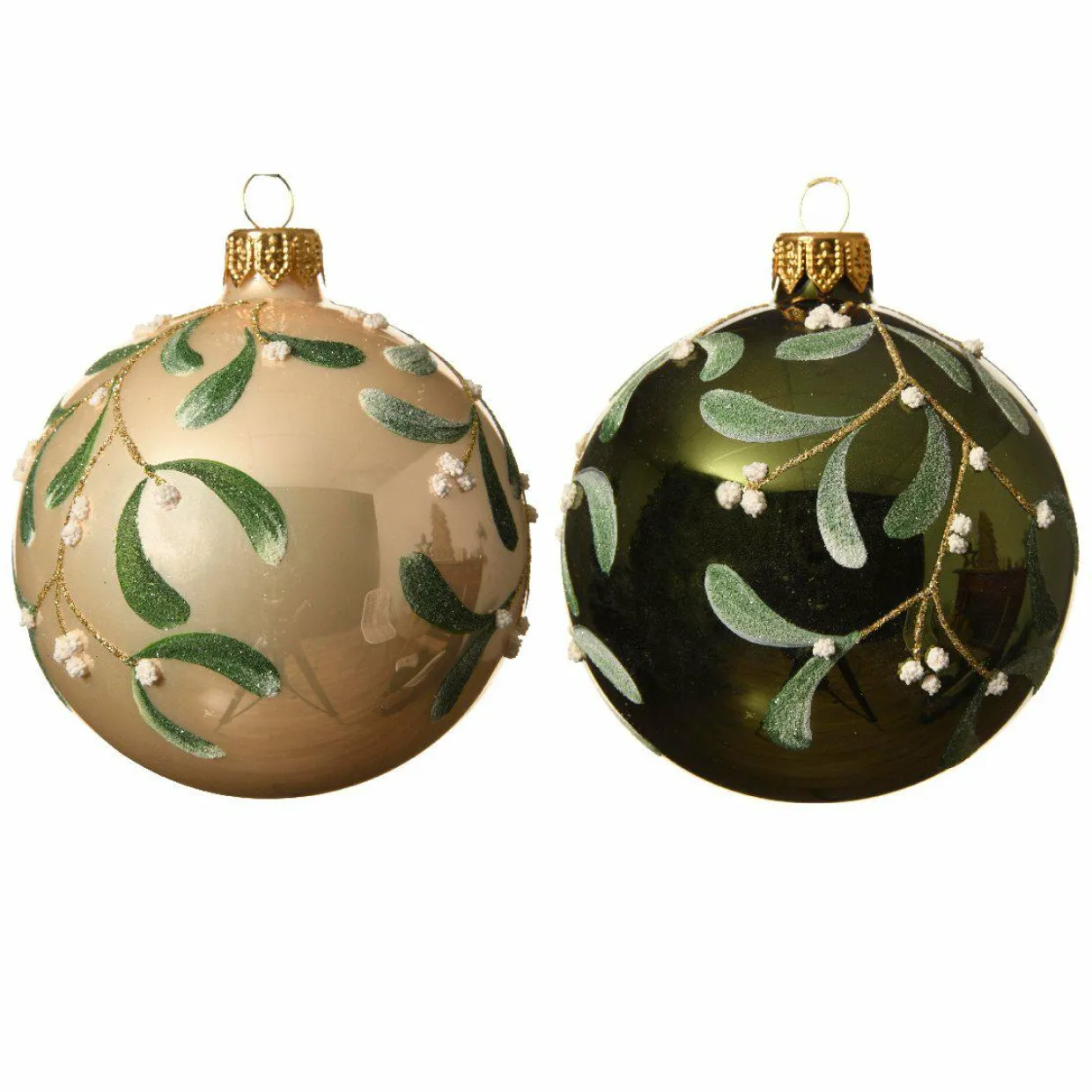 Lot de 6 boules de Noël en verre (D80 mm) Fleurs de gui Vert