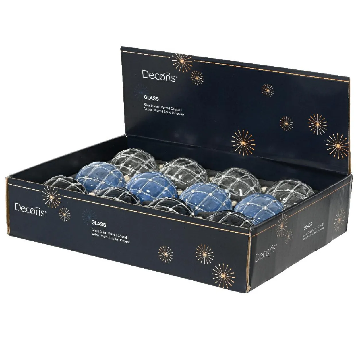 Lot de 12 boules de Noël en verre (D80 mm) Majestic Bleu et transparent