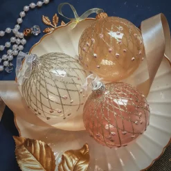 Lot de 6 boules de Noël en verre (D80 mm) Vintage Reno Rose et perle
