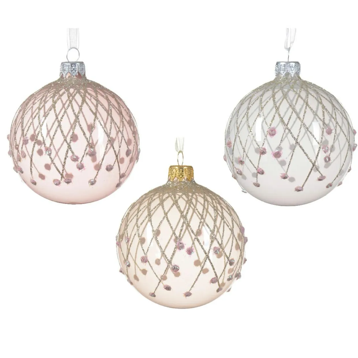 Lot de 6 boules de Noël en verre (D80 mm) Vintage Reno Rose et perle