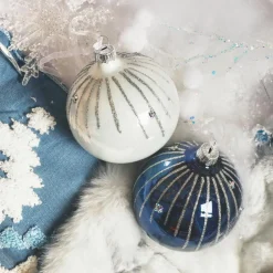 Lot de 6 boules de Noël en verre (D80 mm) Mistery Bleu nuit et blanc