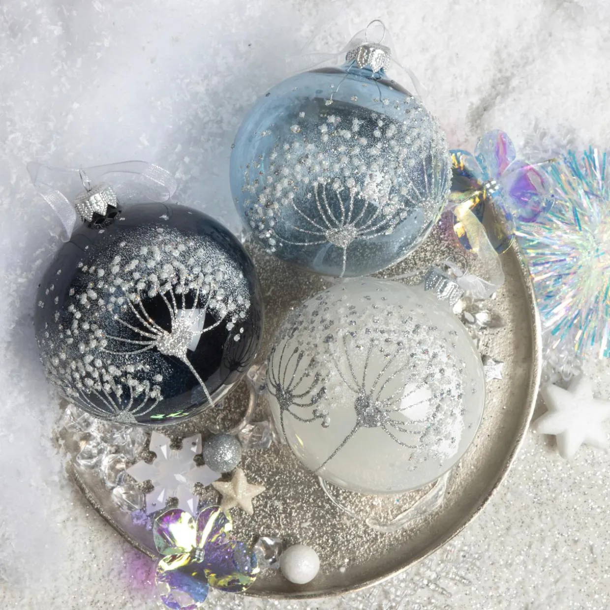 Lot de 6 boules de Noël en verre (D80 mm) Berce du Caucase Bleu