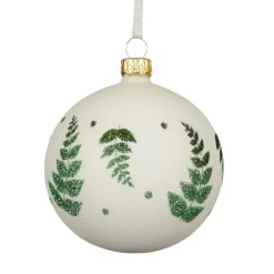 Lot de 6 boules de Noël en verre (D80 mm) Délicatesse Blanc laine et vert pailleté