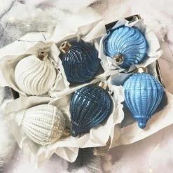 Lot de 12 boules de Noël en verre (D80 mm) Torsades Bleu et blanc