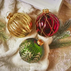Lot de 12 boules de Noël en verre (D100 mm) Rêverie Bordeaux, vert sapin et or