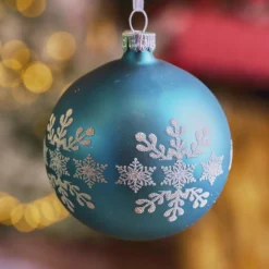 Lot de 6 boules de Noël en verre (D80 mm) Flocon de neige Bleu pétillant
