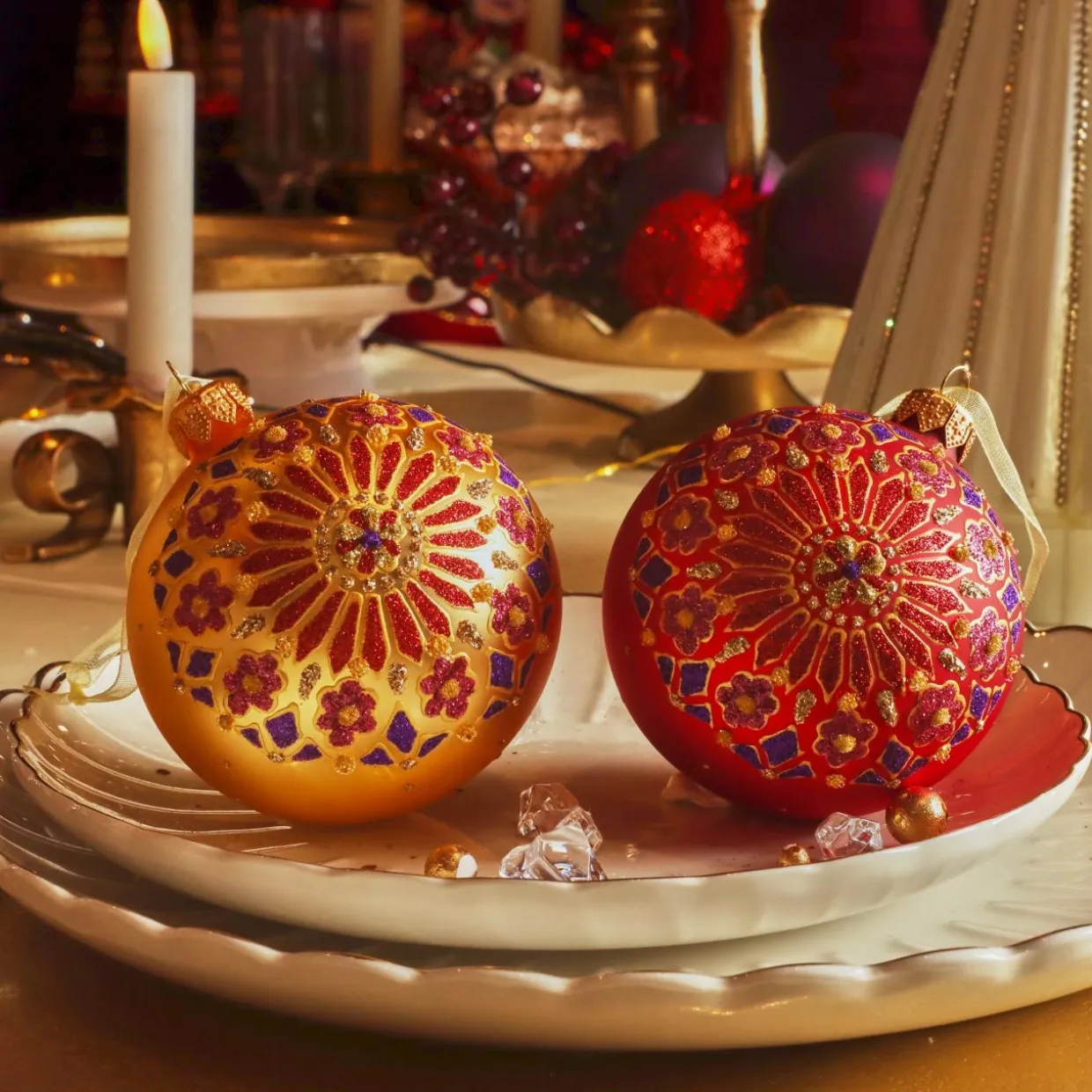 Lot de 6 boules de Noël en verre (D80 mm) Flocons Palazzo Rouge et or