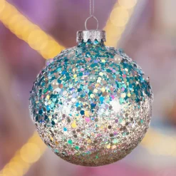 Lot de 3 boules de Noël en verre (D80 mm) Pailletées Bleu