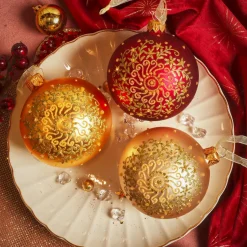 Lot de 6 boules de Noël en verre (D80 mm) Arabesque pailleté Or