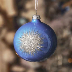 Lot de 6 boules de Noël en verre (D80 mm) Etincelle d'hiver Bleu ciel et Argent