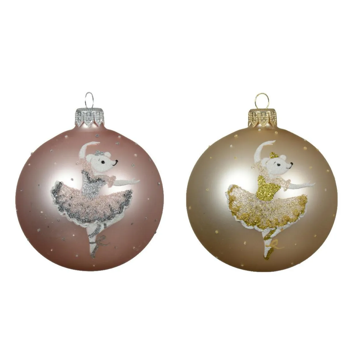 Lot de 6 boules de Noël en verre (D80 mm) Ballerines Rose et perle