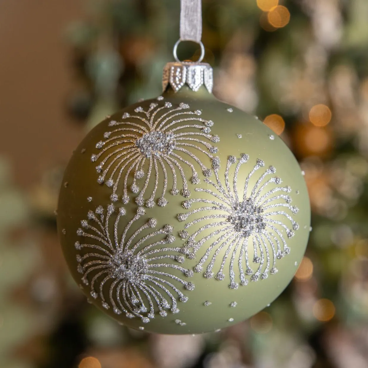 Lot de 6 boules de Noël en verre (D80 mm) Feux d'artifice Vert romarin