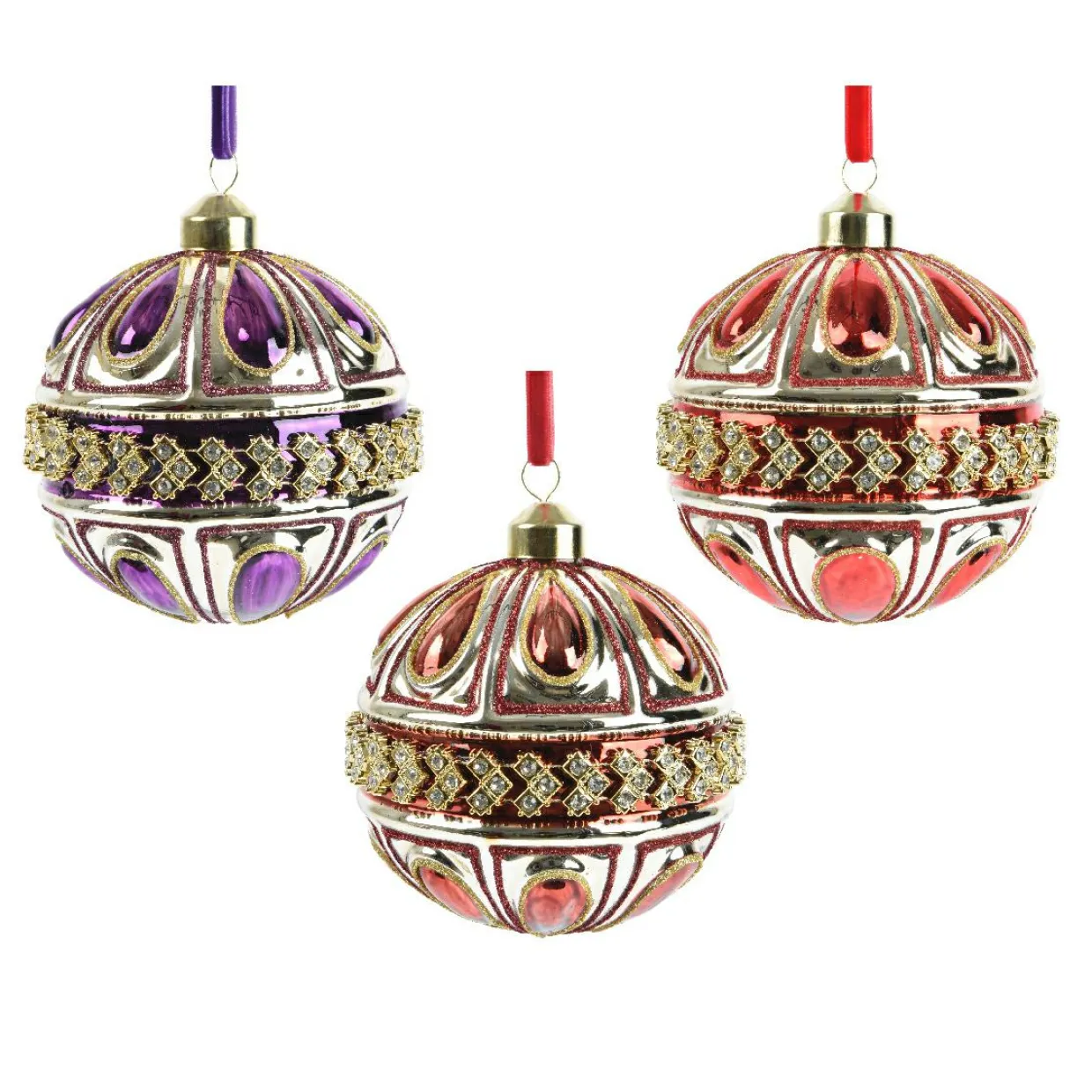 Lot de 12 boules de Noël en verre (D100mm) Diamant Rocaille Rouge et violet