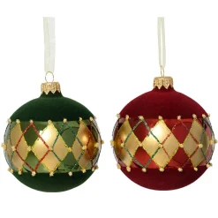 Lot de 6 boules de Noël en verre (D80 mm) Carreaux de velours Bordeaux et vert sapin
