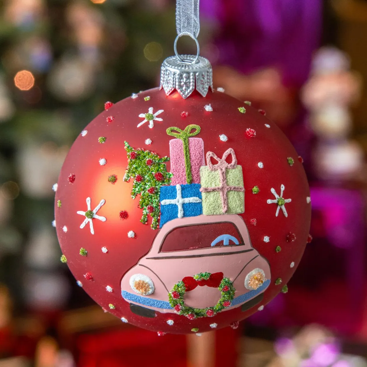 Lot de 6 boules de Noël en verre (D80 mm) Voiture festive Rouge