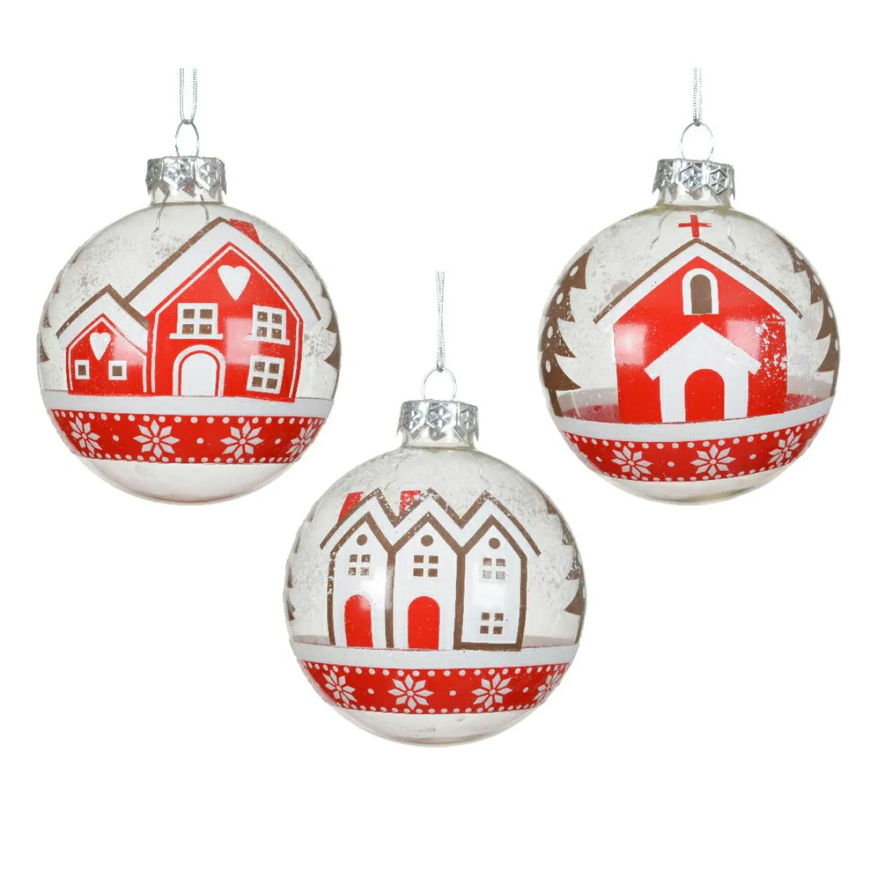 Lot de 12 boules de Noël en verre (D80 mm) Villages enneigés Rouge et blanc