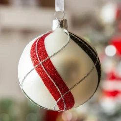 Lot de 6 boules de Noël en verre (D80 mm) Torsades Carreaux Blanc d'hiver