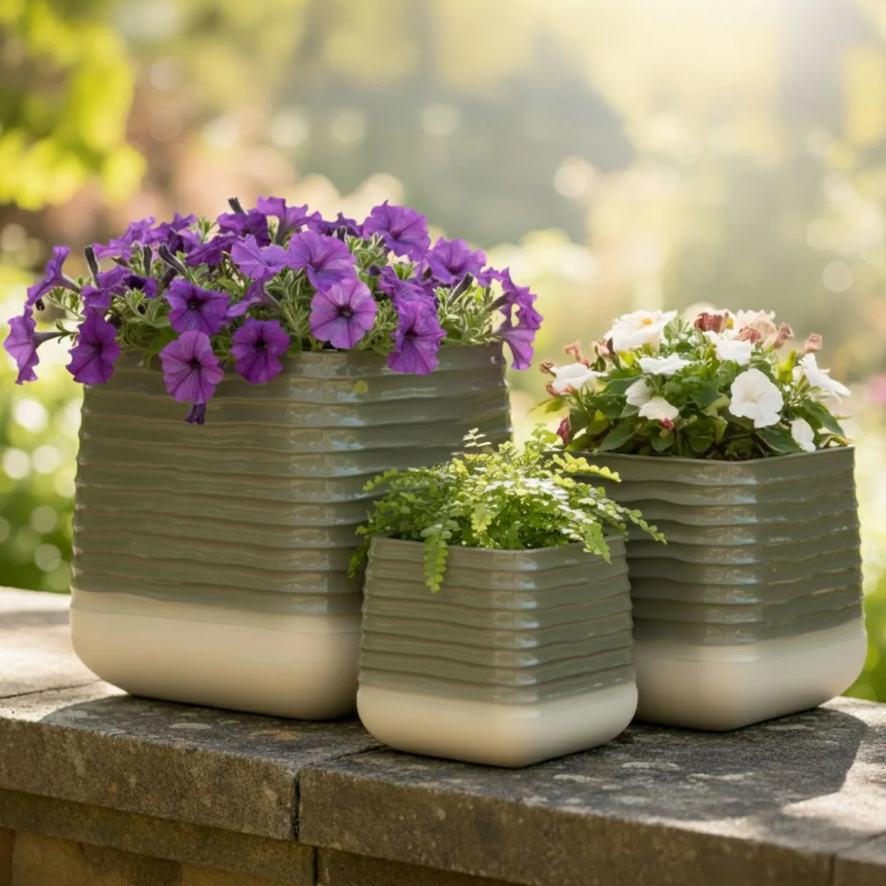 Lot de 3 cache-pots d'extérieur carrés (H49-37-27 cm) Jamie Gris et beige