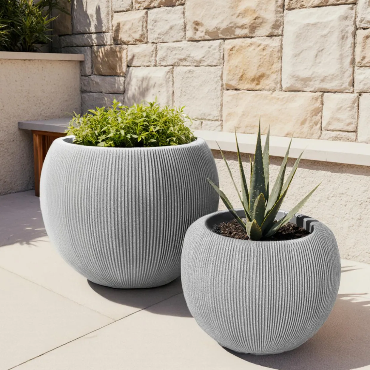 Lot de 2 cache-pots d'extérieur ronds (H41-30 cm) Lennox strié Gris clair