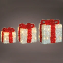 Lot de 3 cadeaux lumineux à piles 65 LED (H30 cm) Ruban Rouge et Blanc chaud